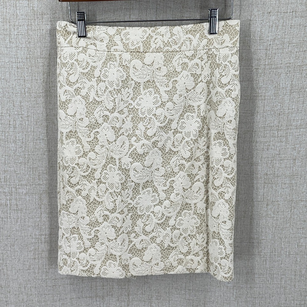 Cynthia Rowley Pencil Skirt Women 2 Cream Cotton Floral Lace Classic Preppy Boho